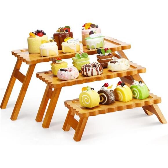 Wooden Foldable Cupcake Tier Stand 3 Tier Cupcake Tower Holder Irregular Edges - Picture 1 of 7